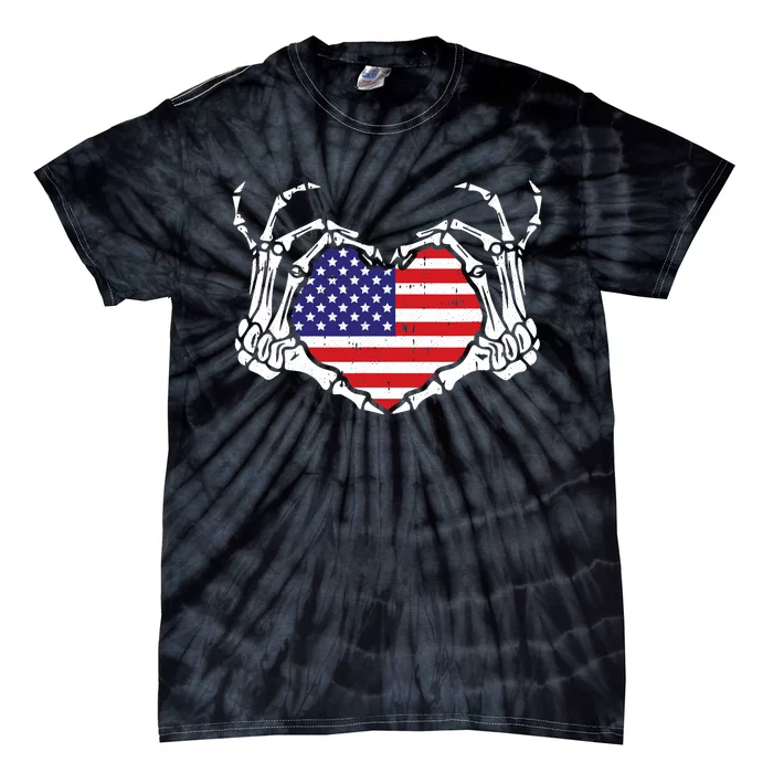 Skeleton Hand Heart 4th Of July Love American Flag Patriotic Tie-Dye T-Shirt