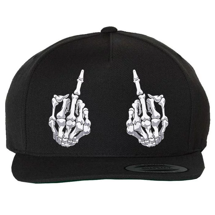 Skeleton Hand Halloween Bones Middle Finger Skull Wool Snapback Cap