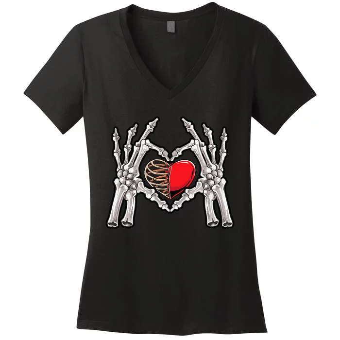 Skeleton Hand Heart Sign Bones Costume Love Skull Tapestry Women's V-Neck T-Shirt