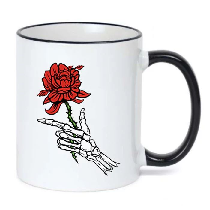 Skeleton Hand Holding A Red Rose Black Color Changing Mug