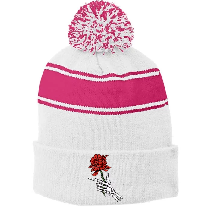 Skeleton Hand Holding A Red Rose Stripe Pom Pom Beanie