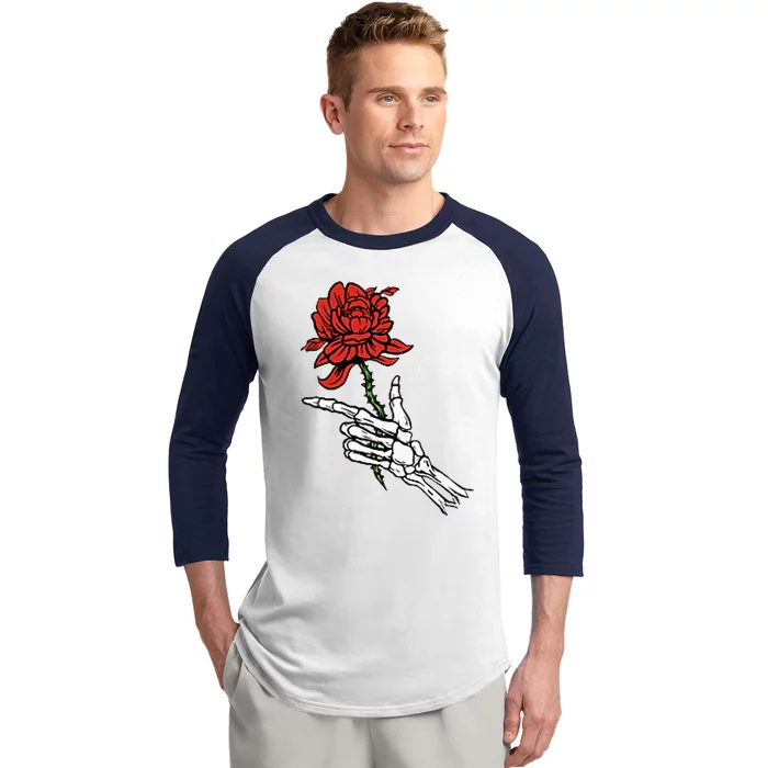 Skeleton Hand Holding A Red Rose Baseball Sleeve Shirt