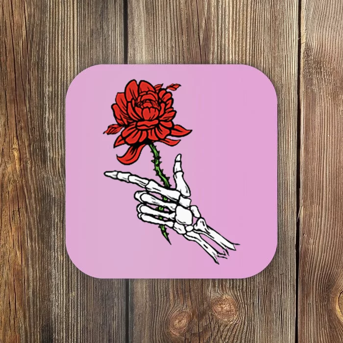 Skeleton Hand Holding A Red Rose Coaster