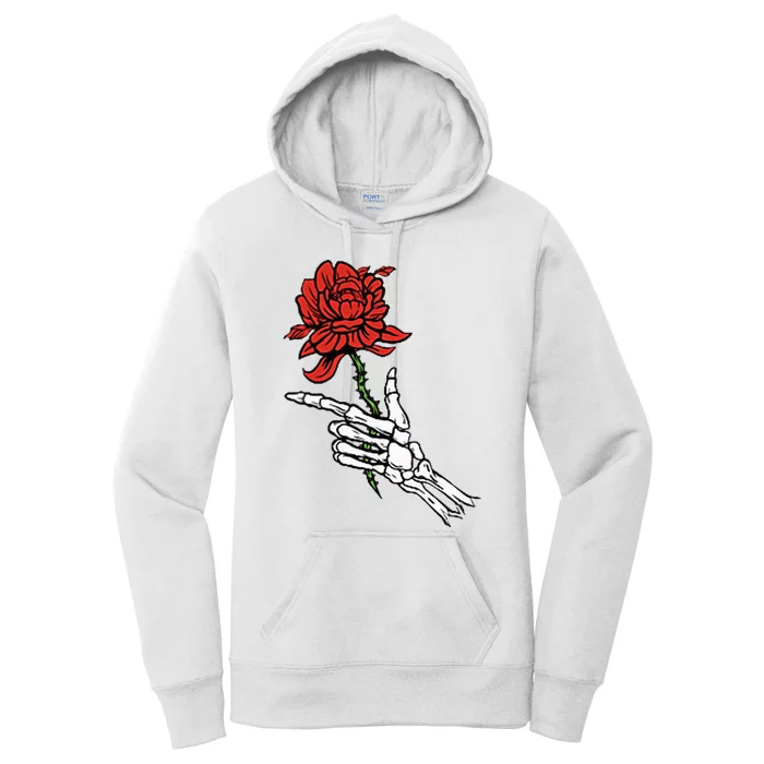 Skeleton Hand Holding A Red Rose Women's Pullover Hoodie