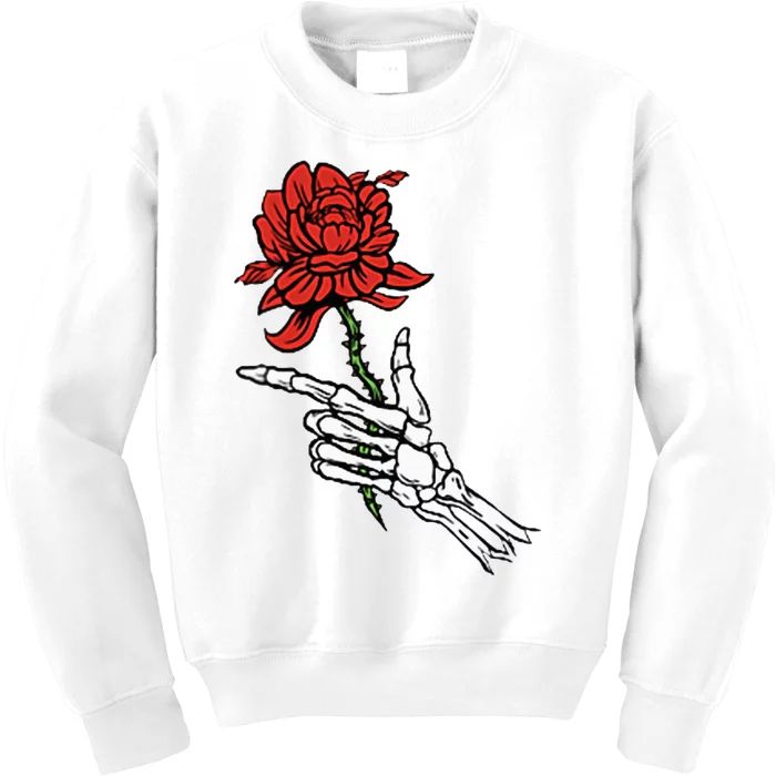 Skeleton Hand Holding A Red Rose Kids Sweatshirt