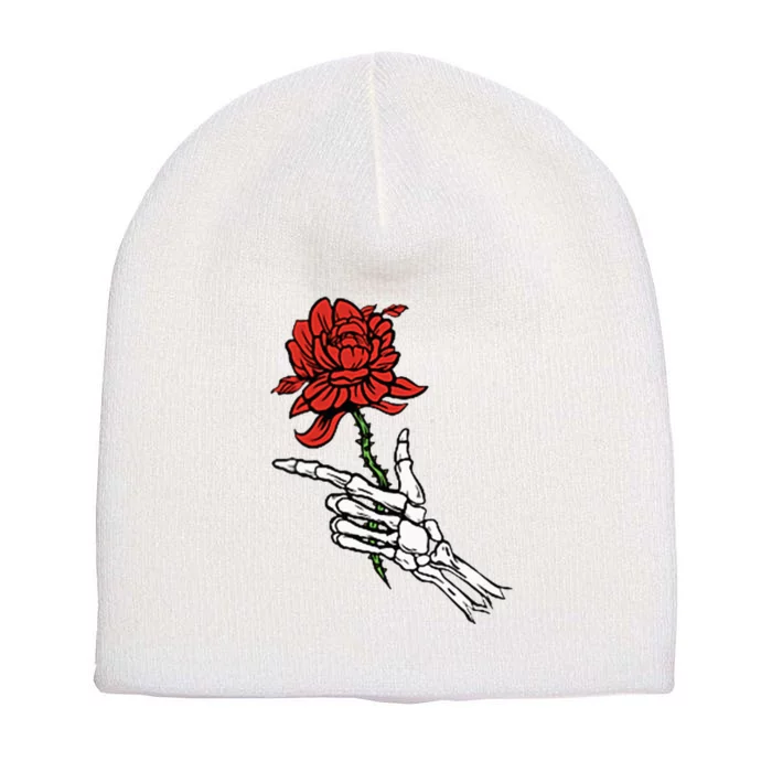 Skeleton Hand Holding A Red Rose Short Acrylic Beanie