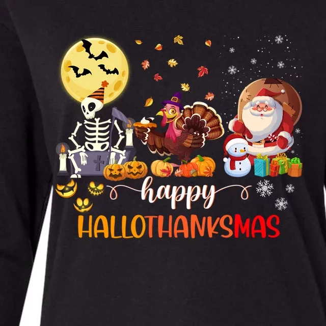 Skeleton Happy Hallothanksmas Halloween Thanksgiving Xmas Meaningful Gift Womens Cotton Relaxed Long Sleeve T-Shirt