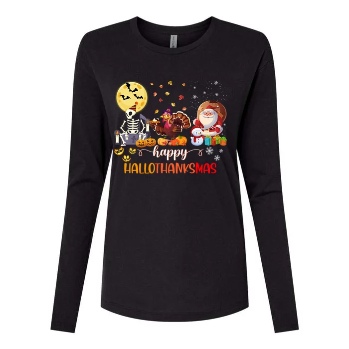 Skeleton Happy Hallothanksmas Halloween Thanksgiving Xmas Meaningful Gift Womens Cotton Relaxed Long Sleeve T-Shirt