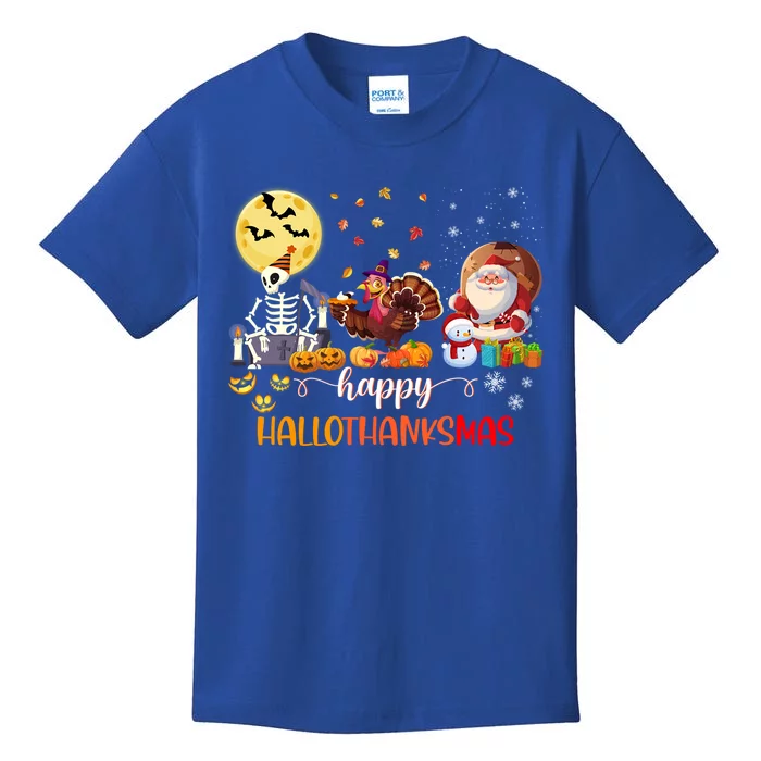 Skeleton Happy Hallothanksmas Halloween Thanksgiving Xmas Meaningful Gift Kids T-Shirt