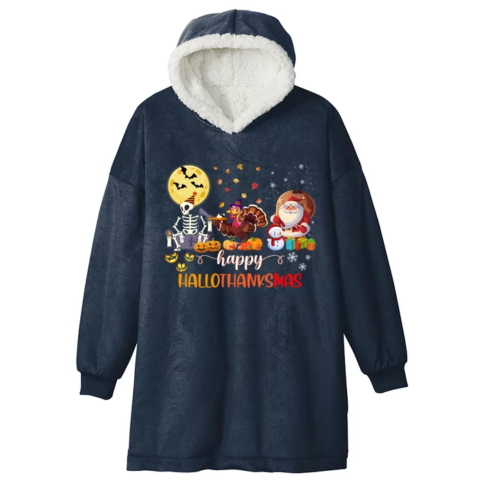 Skeleton Happy Hallothanksmas Halloween Thanksgiving Xmas Meaningful Gift Hooded Wearable Blanket