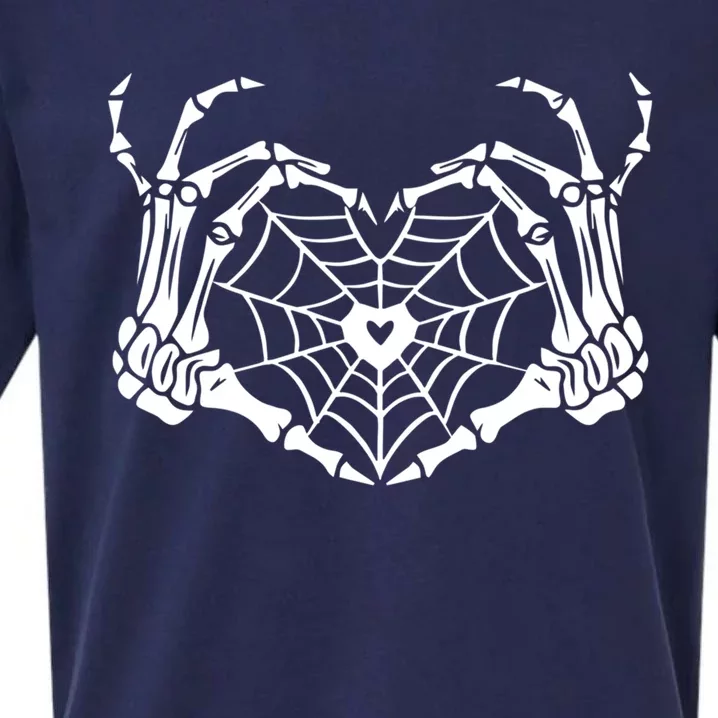 Skeleton Hand Heart Spiderweb Halloween Cobweb Party Costume Gift Sueded Cloud Jersey T-Shirt