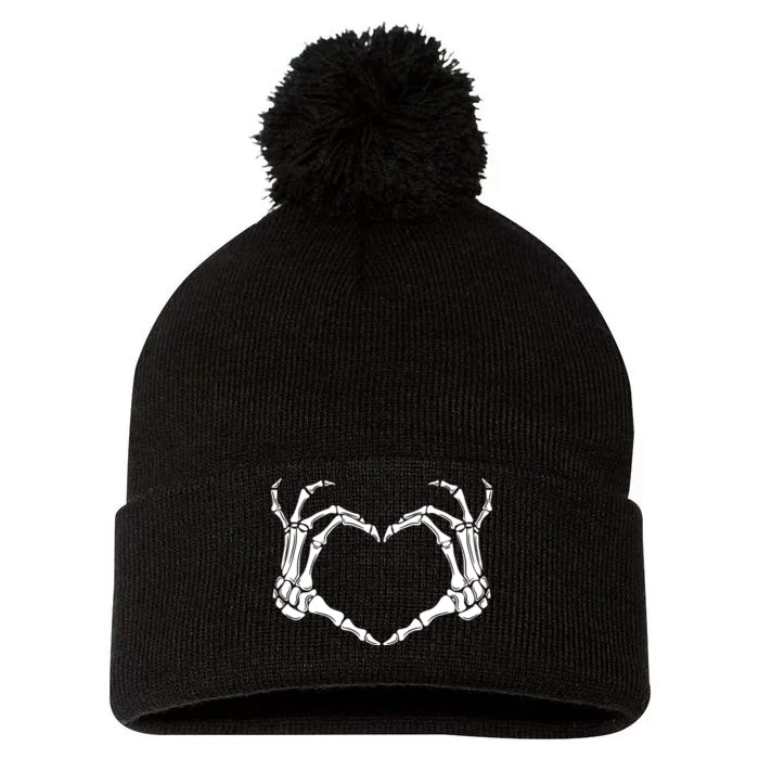 Skeleton Hand Heart Sign Funny Halloween Pom Pom 12in Knit Beanie