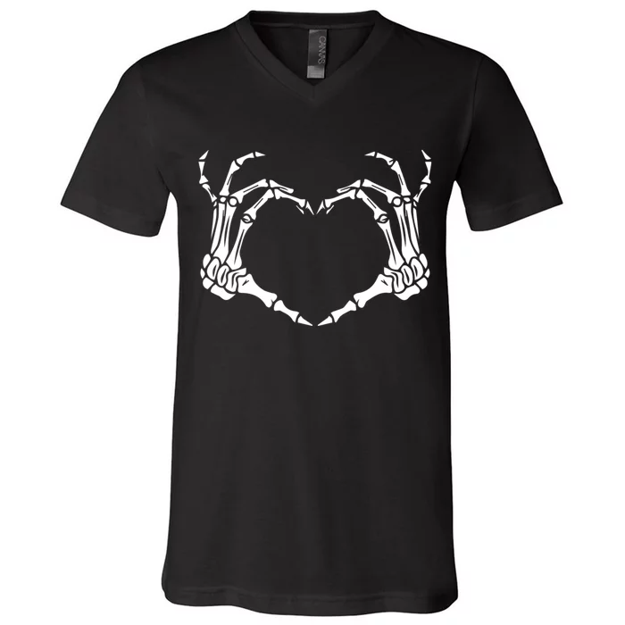 Skeleton Hand Heart Halloween Funny Bones Love V-Neck T-Shirt