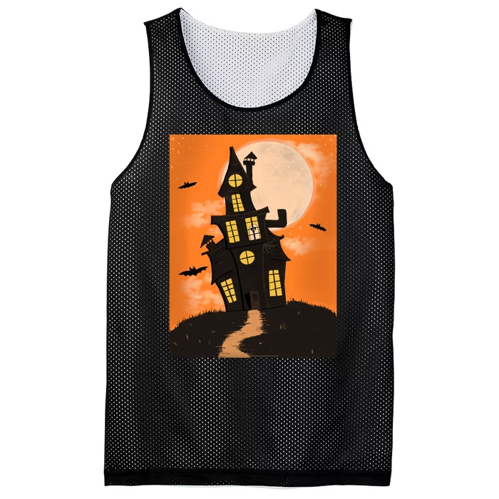 Spooky Halloween Haunted House Mesh Reversible Basketball Jersey Tank