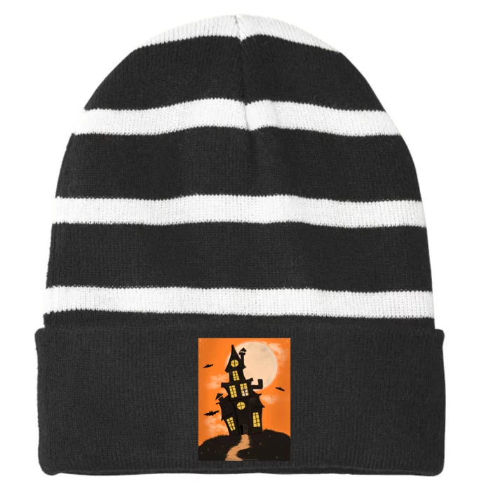 Spooky Halloween Haunted House Striped Beanie with Solid Band