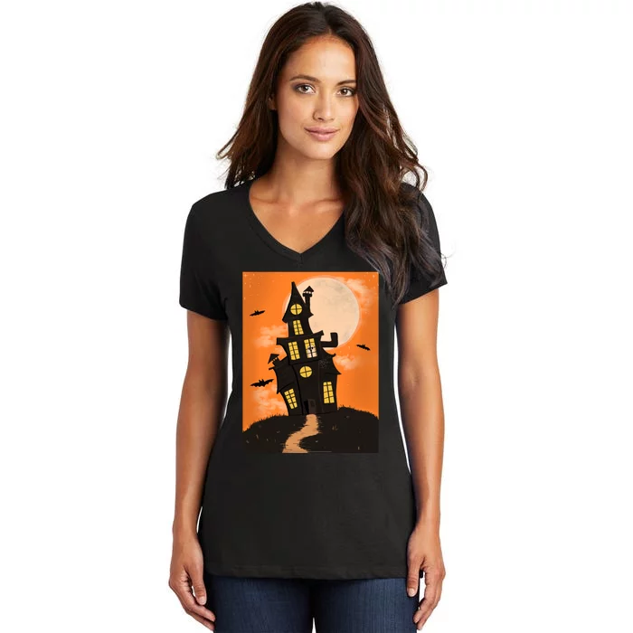 Spooky Halloween Haunted House Women's V-Neck T-Shirt