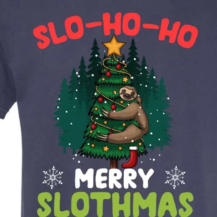 Slo Ho Ho Merry Slothmas Sloth Hugging Tree Merry Christmas Gift Garment-Dyed Heavyweight T-Shirt