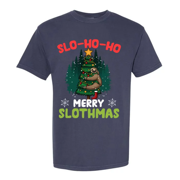 Slo Ho Ho Merry Slothmas Sloth Hugging Tree Merry Christmas Gift Garment-Dyed Heavyweight T-Shirt