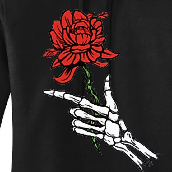 Skeleton Hand Holding A Red Rose Women's Pullover Hoodie