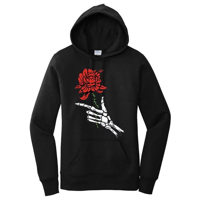 Skeleton Hand Holding A Red Rose Women's Pullover Hoodie