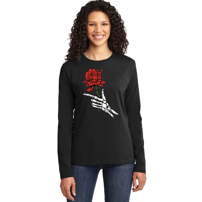 Skeleton Hand Holding A Red Rose Ladies Long Sleeve Shirt