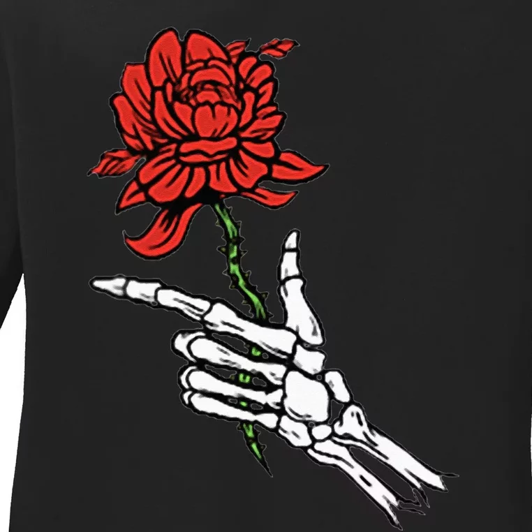 Skeleton Hand Holding A Red Rose Ladies Long Sleeve Shirt