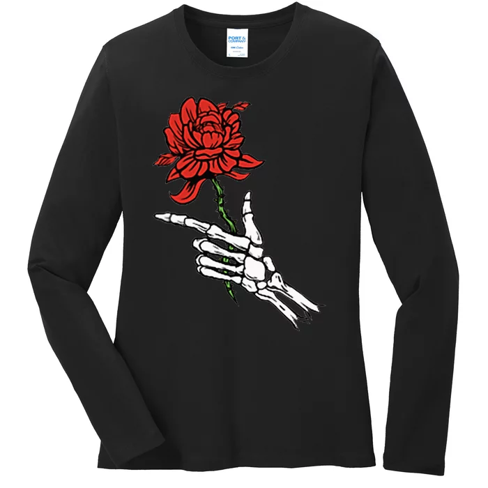 Skeleton Hand Holding A Red Rose Ladies Long Sleeve Shirt