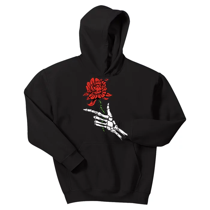 Skeleton Hand Holding A Red Rose Kids Hoodie