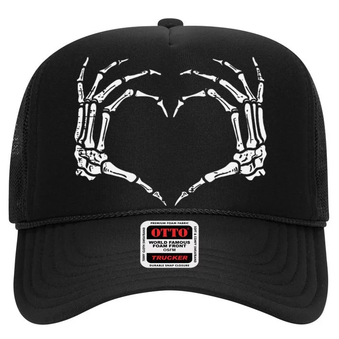 Skeleton Hands Heart Sign Retro Halloween Costume High Crown Mesh Trucker Hat