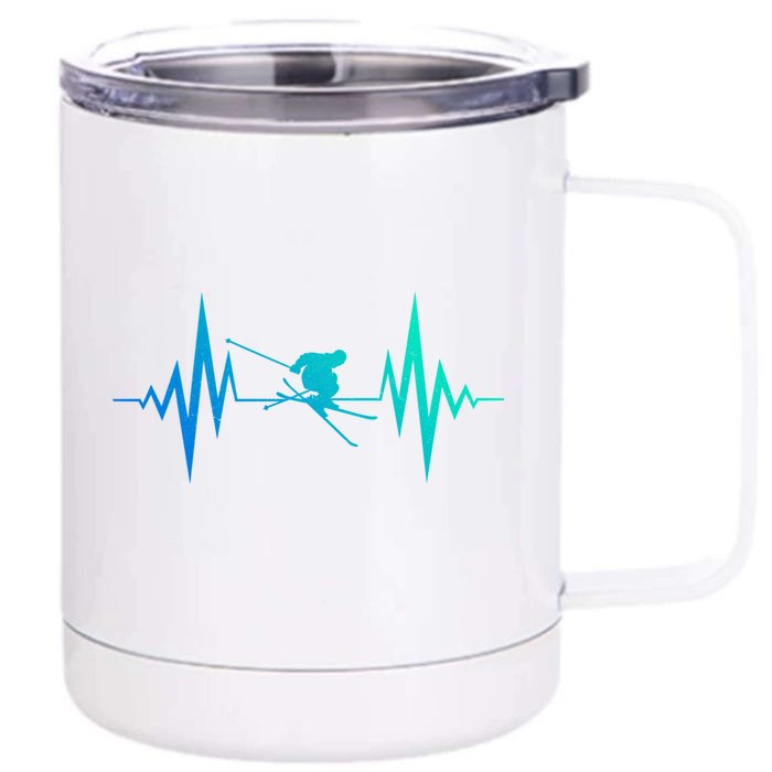 Skiing Heartbeat I Love Skiing Winter Sports Racing Skier Gift Front & Back 12oz Stainless Steel Tumbler Cup