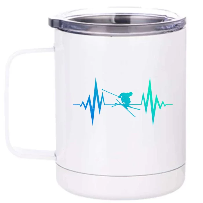 Skiing Heartbeat I Love Skiing Winter Sports Racing Skier Gift Front & Back 12oz Stainless Steel Tumbler Cup