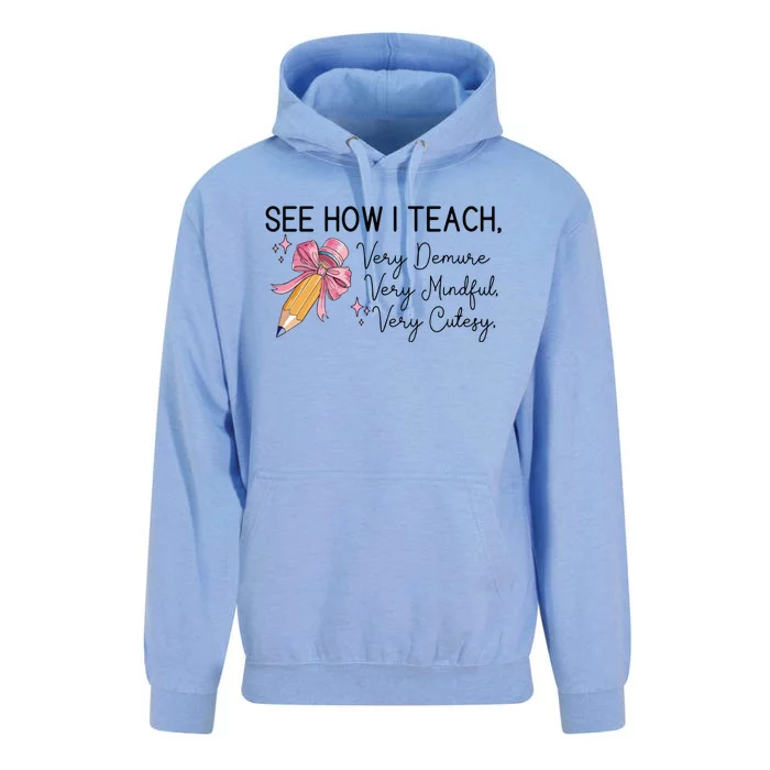 See How I Teach Very Demure Very Mindful Very Cutesy Unisex Surf Hoodie