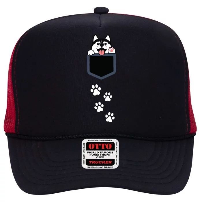 Siberian Husky In Pocket Cute Puppy Dog Lover Apparel High Crown Mesh Trucker Hat