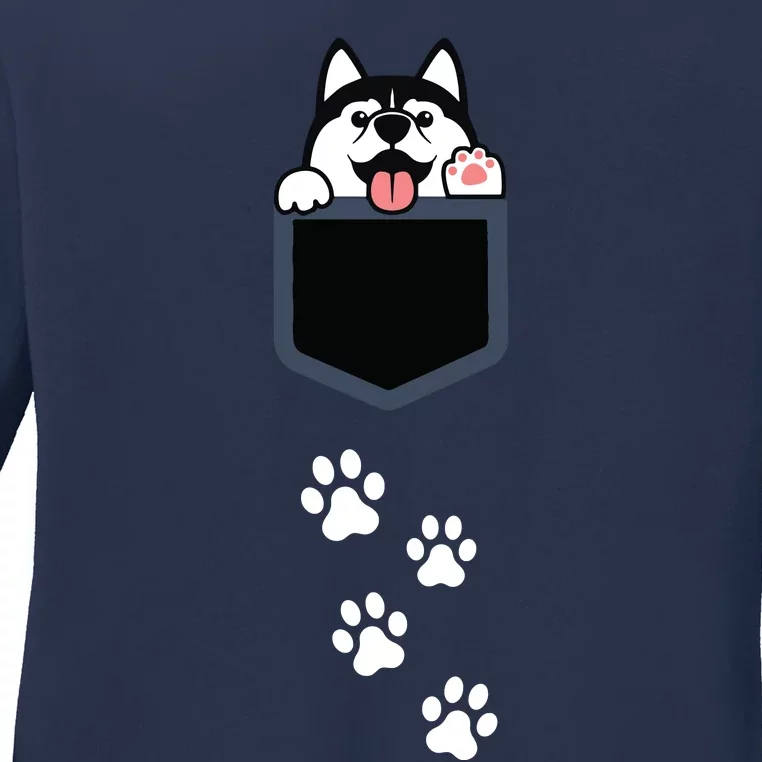 Siberian Husky In Pocket Cute Puppy Dog Lover Apparel Ladies Long Sleeve Shirt