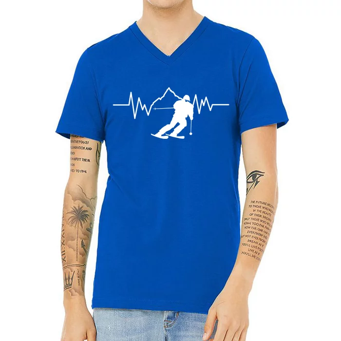 Skier Heartbeat I Alpine Cross Coutry Skiing Gift V-Neck T-Shirt