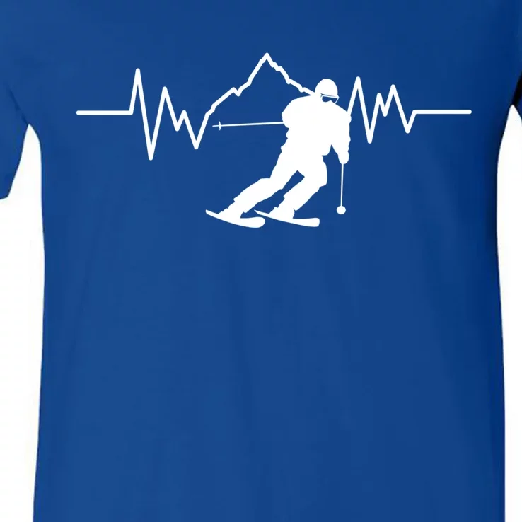 Skier Heartbeat I Alpine Cross Coutry Skiing Gift V-Neck T-Shirt