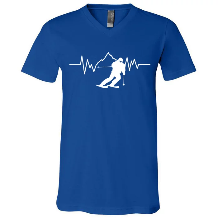 Skier Heartbeat I Alpine Cross Coutry Skiing Gift V-Neck T-Shirt