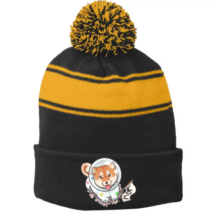 Shiba Inu Astronaut Cute Mom Stripe Pom Pom Beanie