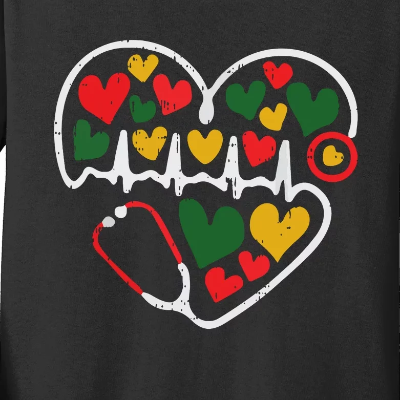 Stethoscope Heart Juneteenth Melanin Nurse African American Kids Long Sleeve Shirt