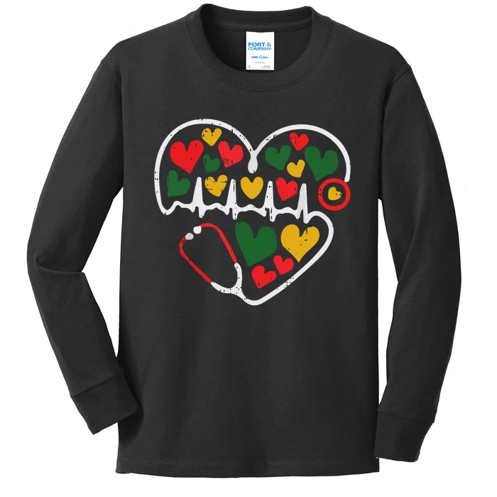 Stethoscope Heart Juneteenth Melanin Nurse African American Kids Long Sleeve Shirt