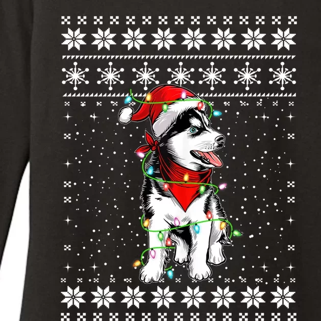 Siberian Husky Lovers Ugly Xmas Sweater Lights Santa Hat Gift Womens CVC Long Sleeve Shirt