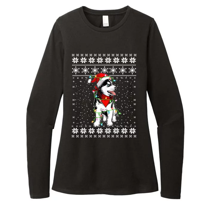 Siberian Husky Lovers Ugly Xmas Sweater Lights Santa Hat Gift Womens CVC Long Sleeve Shirt