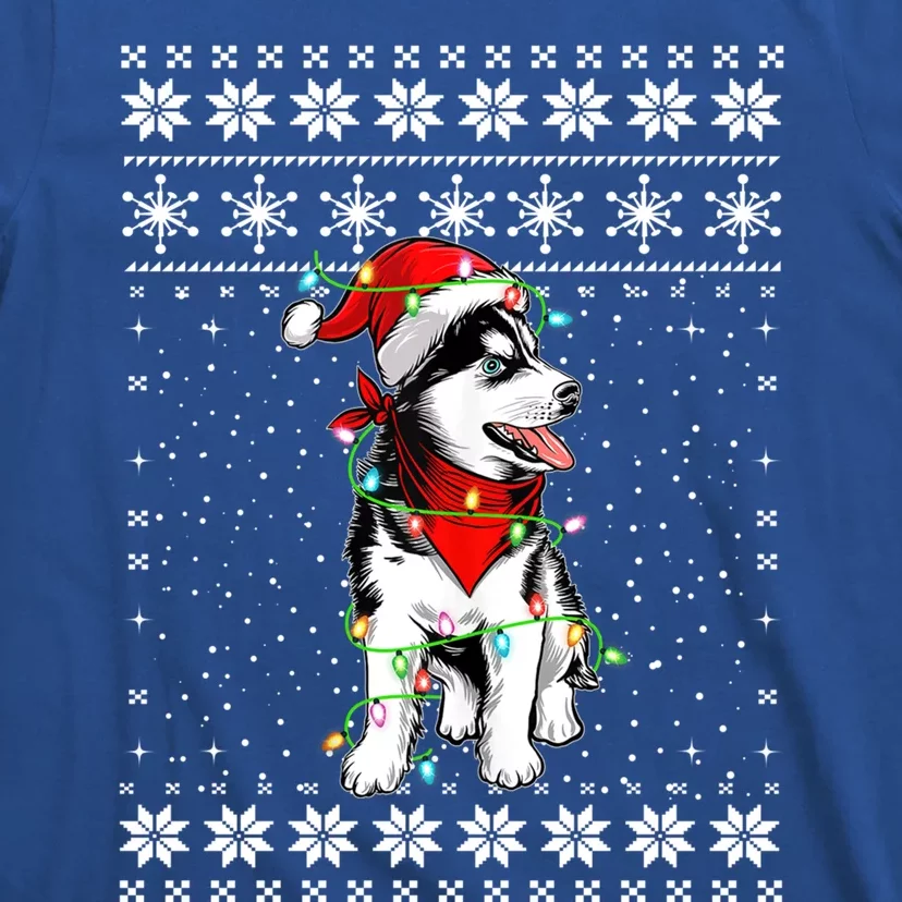 Siberian Husky Lovers Ugly Xmas Sweater Lights Santa Hat Gift T-Shirt