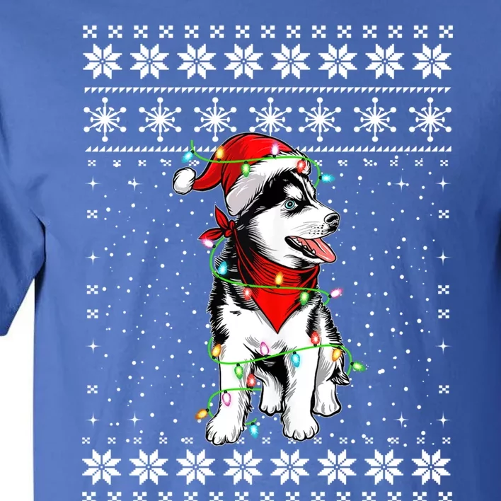 Siberian Husky Lovers Ugly Xmas Sweater Lights Santa Hat Gift Tall T-Shirt