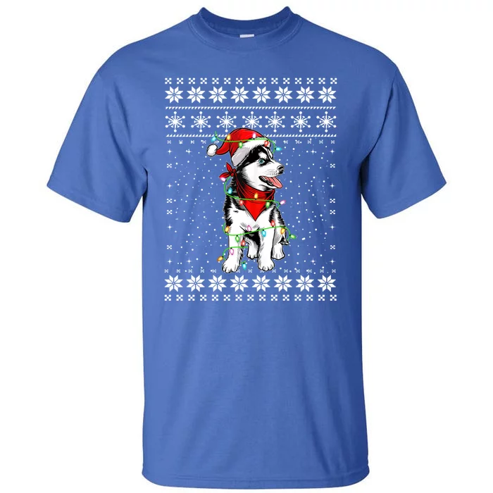 Siberian Husky Lovers Ugly Xmas Sweater Lights Santa Hat Gift Tall T-Shirt