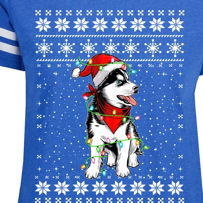 Siberian Husky Lovers Ugly Xmas Sweater Lights Santa Hat Gift Enza Ladies Jersey Football T-Shirt