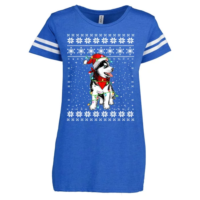 Siberian Husky Lovers Ugly Xmas Sweater Lights Santa Hat Gift Enza Ladies Jersey Football T-Shirt