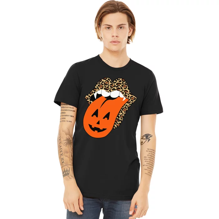 Spooky Halloween Leopard Lips Vampire Pumpkin Tongue Premium T-Shirt