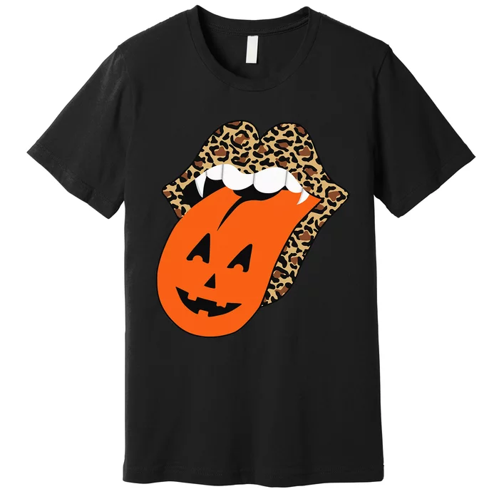 Spooky Halloween Leopard Lips Vampire Pumpkin Tongue Premium T-Shirt