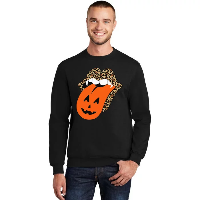 Spooky Halloween Leopard Lips Vampire Pumpkin Tongue Tall Sweatshirt